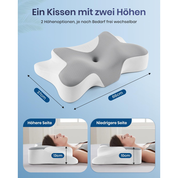 Подушка для шиї DONAMA з піни Memory Foam: ергономічна, з підлокітниками, охолоджуюча, 6 зон підтримки, для сну в будь-якій позі (сіро-біла, 66x37x13 см)