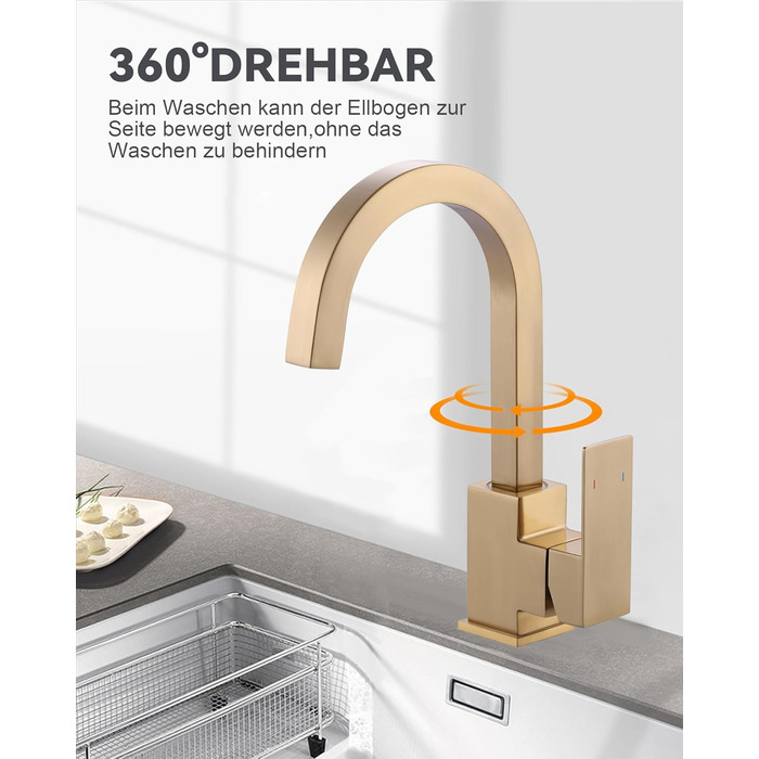 Кран кухонний поворотний 360°, з нержавіючої сталі, для кухні, вантажівки, ванної кімнати (B Gold)