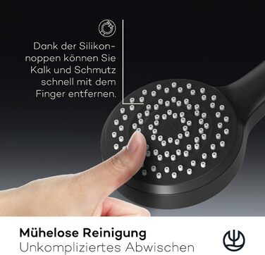 KLUDI-X1 Universal Shower Head with Hose, optional showerhead for water-saving use with 3 spray patterns (Body, Hair, Skin), easy-to-clean shower head Ø 10.7 cm, shower hose 1.60 m (Matte Black, 1 spray pattern)