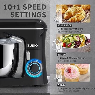 Stand Mixer, 1300W Zurio 5.5L Stand Mixer, 10-Speed Robot Mixer with Quiet Kneading Function, Includes Accessories: Dough Hook, Whisk, Black Mixer