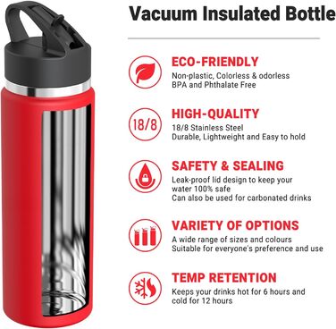 AORIN Stainless Steel Water Bottle, 500ml/750ml/1L Leak-Proof Water Bottle with Straw, BPA-Free Drinking Bottle for Kids, Vacuum Insulated Thermos for Sports, School, Fitness, Outdoor (750 ml, Red)