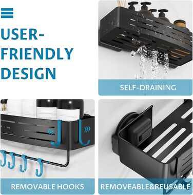 Поличка для душу Onemake з присосками, регульована, з гачками та рушниковою перекладиною, органайзер для ванної кімнати, матовий чорний, 1 шт.