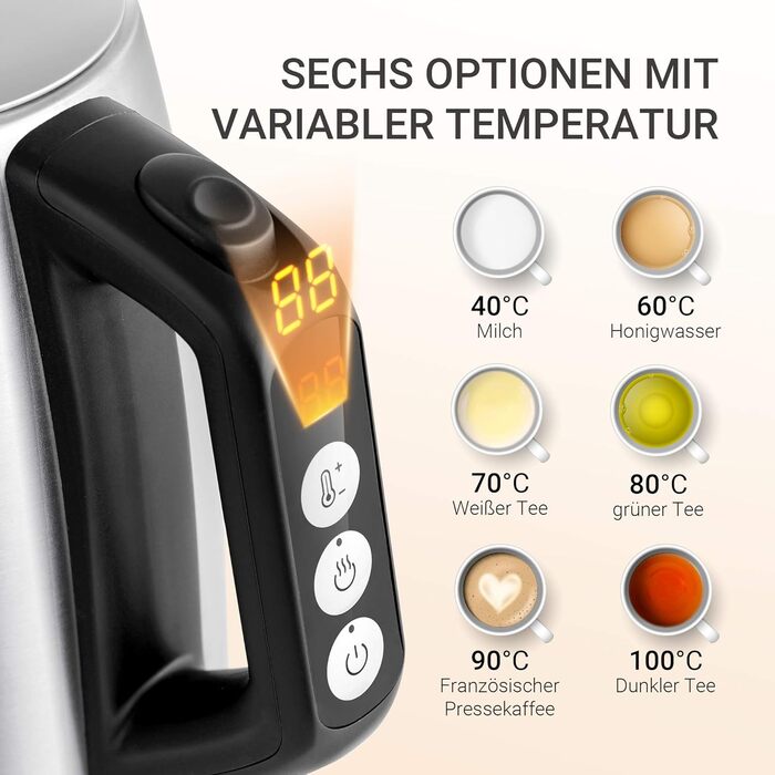 Midea 1.7L Electric Kettle - Stainless Steel, Fast Boil, LED Display, 360° Base, Boil Dry Protection