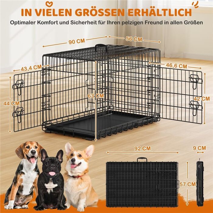Клітка для собак Yaheetech 90x56x63 см, розкладний вольєр з перегородкою, 2 двері, висувна піддон, чорна, для дому та транспортування