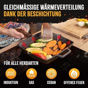 Чавунна гриль-сковорода емальована 26 см, з рифленим дном для стейків, підходить для всіх плит