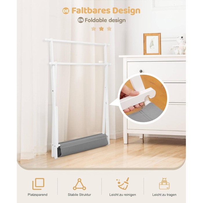 Дитяча вішалка для одягу Yorbay з бамбука, подвійна регульована штанга, полиці для зберігання, біла