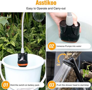 Asstikoo Portable Camping Shower, Camping Shower with Rechargeable Battery, Compact Rechargeable Electric Pump Shower Head for Camping, Pet Cleaning, Beach Washing, Hiking and Travel