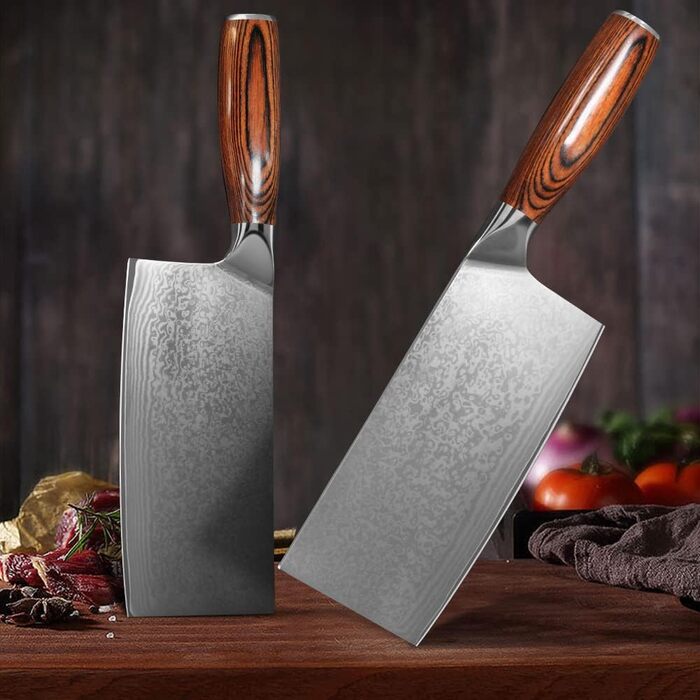 Ніж кухарський Дамаск Шарф: професійний ніж для м'яса з дамаської сталі, ручна робота, з антиковзним дерев'яним руків'ям, у подарунковій коробці