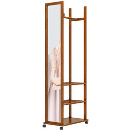 HOMCOM Full-Length Standing Mirror with Wheels, Wardrobe Mirror with 3-Tier Clothes Rail, Walnut, 24.8x153.8 cm for Bedroom & Hallway