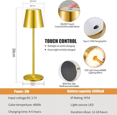 LED акумуляторна настільна лампа з регулюванням яскравості, 3000K, USB-C, водонепроникна IP54, алюміній, чорний (набір 2 шт.)