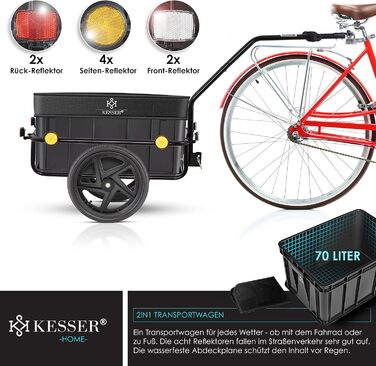 Причіп для велосипеда KESSER®: вантажний, ручний, з кутом нахилу, об'ємом 70 літрів (2 ящики для пива) + аксесуари, чорний