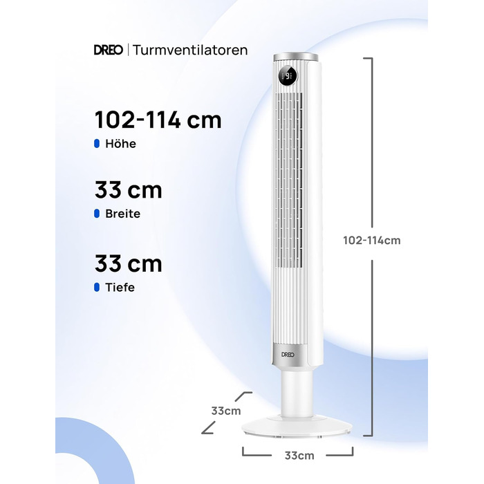 Вентилятор підлоговий DREO Smart 102-114 см з пультом, тихий DC-мотор, 9 режимів, 4 режими роботи, 90° осциляція, таймер 12 год для дому та офісу, білий