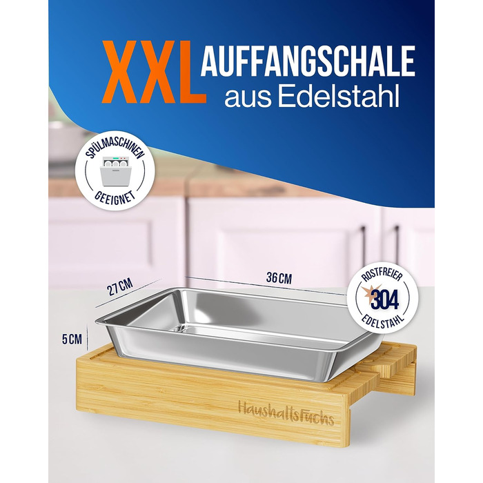 HaushaltsFuchs® Premium 100% FSC® Bamboo Cutting Board with Large Catch Basin, Phone Holder & Juice Groove – XXL Wooden Cutting Board with Stainless Steel Catch Basin - Cutting Board with Tray/Bowl (non-slip)