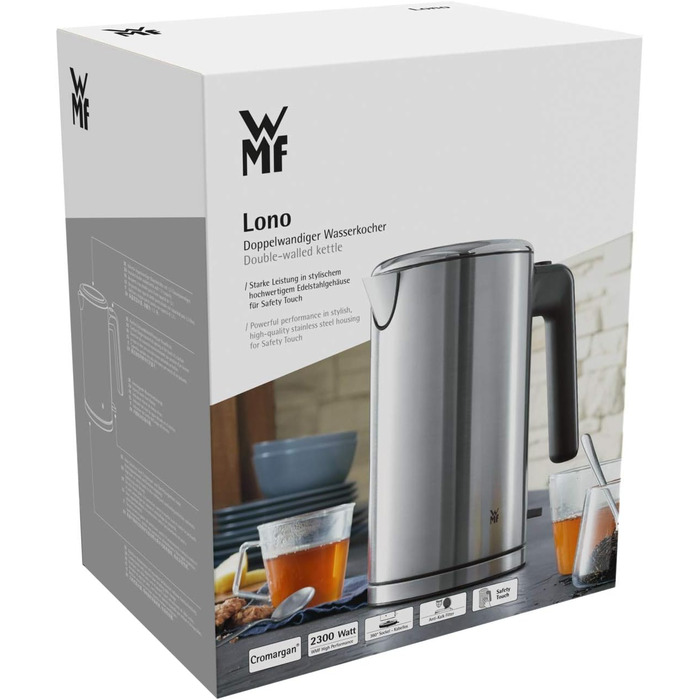 WMF Lono Double-Walled Stainless Steel 1.3L Electric Kettle with Scale Filter, 2400 Watts, Safety Touch, Matte Stainless Steel Single