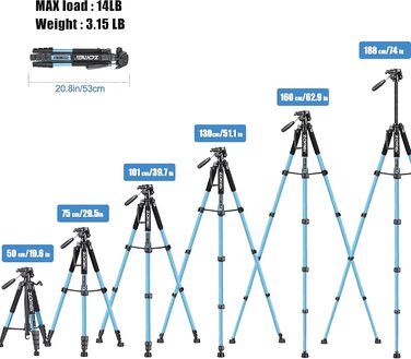 Штатив ZOMEi 188см - професійний для фото та відео, сумісний з DSLR, телефонами, проекторами (чорний, блакитний)
