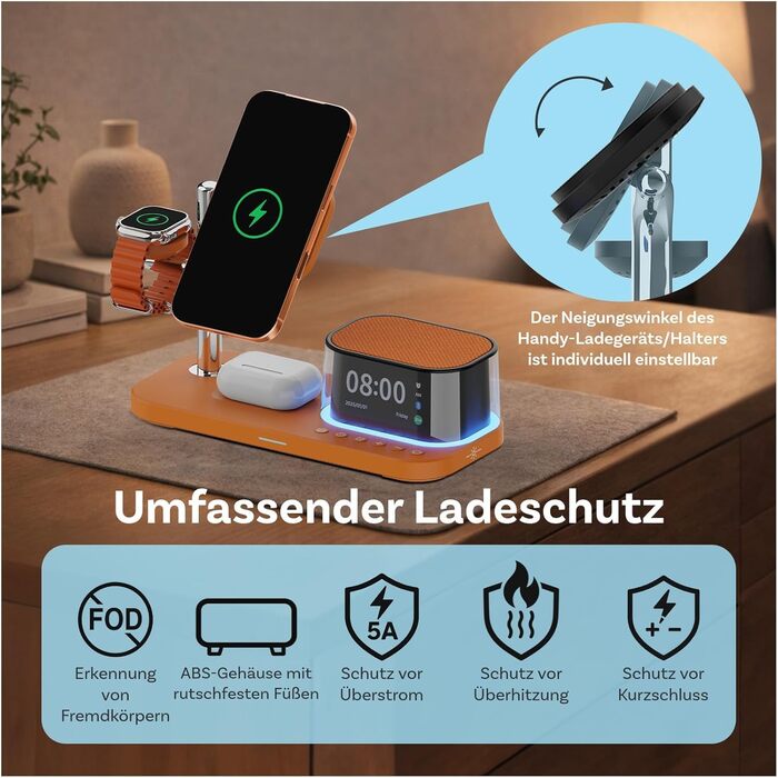 Бездротова зарядна станція 5-в-1 MMOBIEL з годинником, Bluetooth-динаміком та нічником LED для MagSafe – 25W Qi2.2. Магнітний бездротовий зарядний пристрій для iPhone, Apple Watch та AirPods (Помаранчевий)