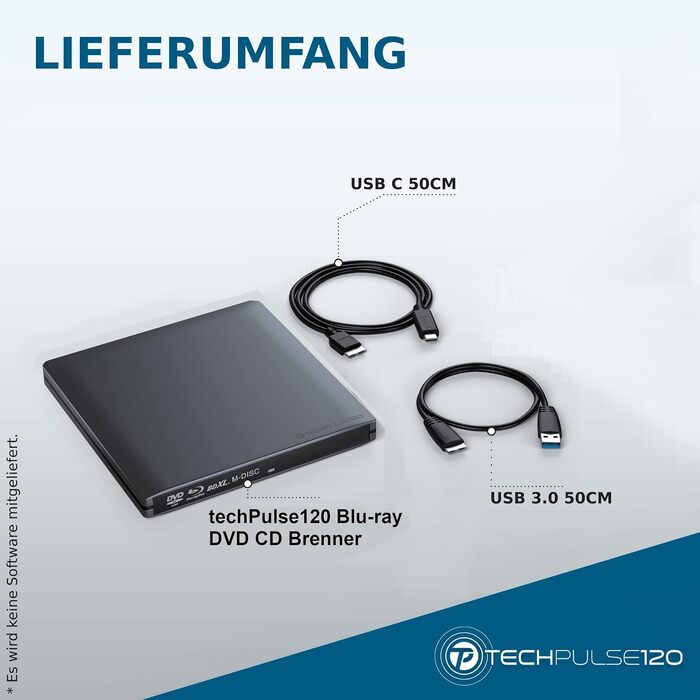 Зовнішній Blu-ray привід techPulse120 USB 3.0 Type-C: запис 3D M-Disc BDXL 100GB, BD, DVD, CD, Slim Superdrive для ноутбуків та ПК (Windows, MacOS, MacBook), алюміній, сірий