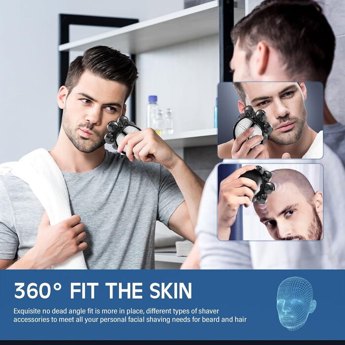 Електричний бритва для голови та бороди Glatzen 5-в-1 з 7 плаваючими головками, IPX6 водонепроникний, тример для носа та вух, LED-дисплей