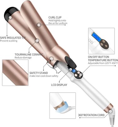 Hoson 50mm Локкенстаб Pro Curl: Керамічний локкенстаб з турмаліном, LCD дисплей, 9 температурних режимів, рукавичка в комплекті