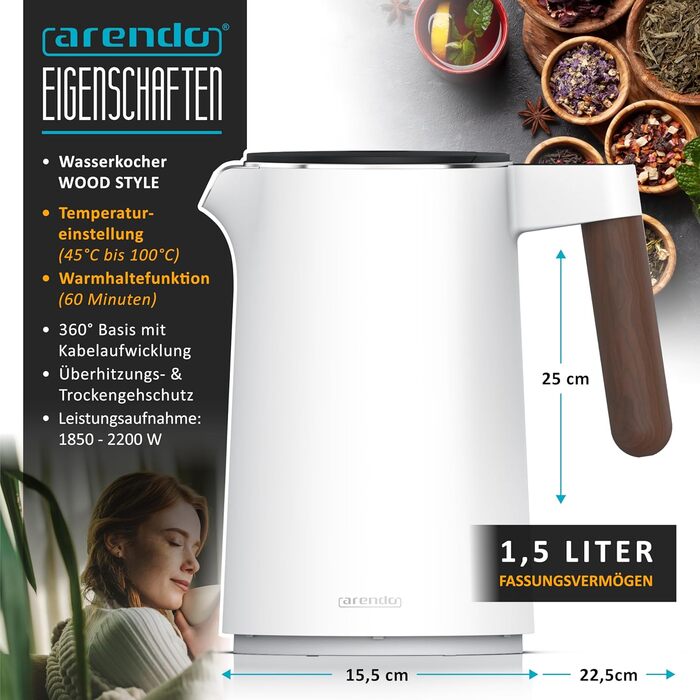 Arendo - Stainless Steel Kettle with Temperature Setting - 45°C-100°C - 1.5 Liter - Double-Walled - BPA Free - Keep Warm Function - Tea Kettle with Temperature Display - Cool Touch Handle - matte white (B: Dark Handle)