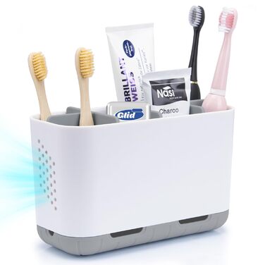 Тримач для електричної зубної щітки сірого кольору. Організатор для ванної кімнати з регульованими перегородками. Підходить для сім'ї та дітей.