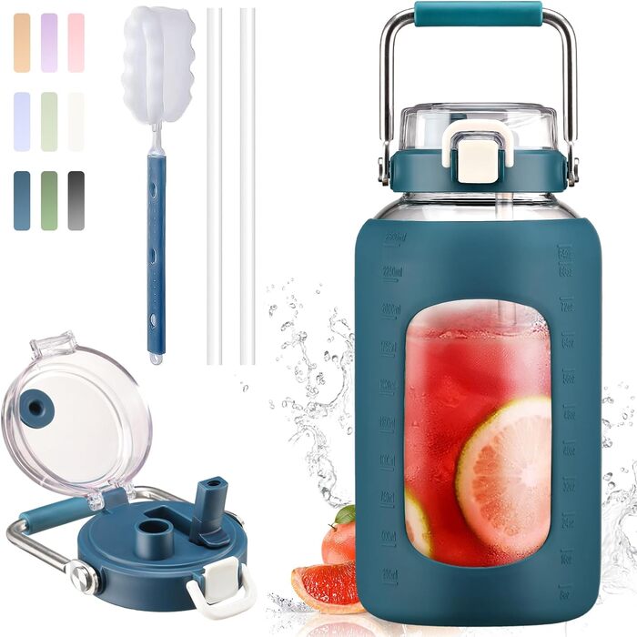 BLUEGO 2500ml Glass Water Bottle with Stainless Steel Handle, 2.5L Large Water Bottle with Time Markers and Silicone Sleeve, Half Gallon Water Jug BPA-free for Sports, Daily Use, Light Green (Dark Blue)
