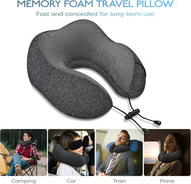 Подушка для шиї у літак - подушка для подорожей 100% Memory Foam - портативна подушка для літака - з 3D-маскою для сну та берушами - ідеальна для літака, авто, дому, офісу, подушка для сну (Сіра)