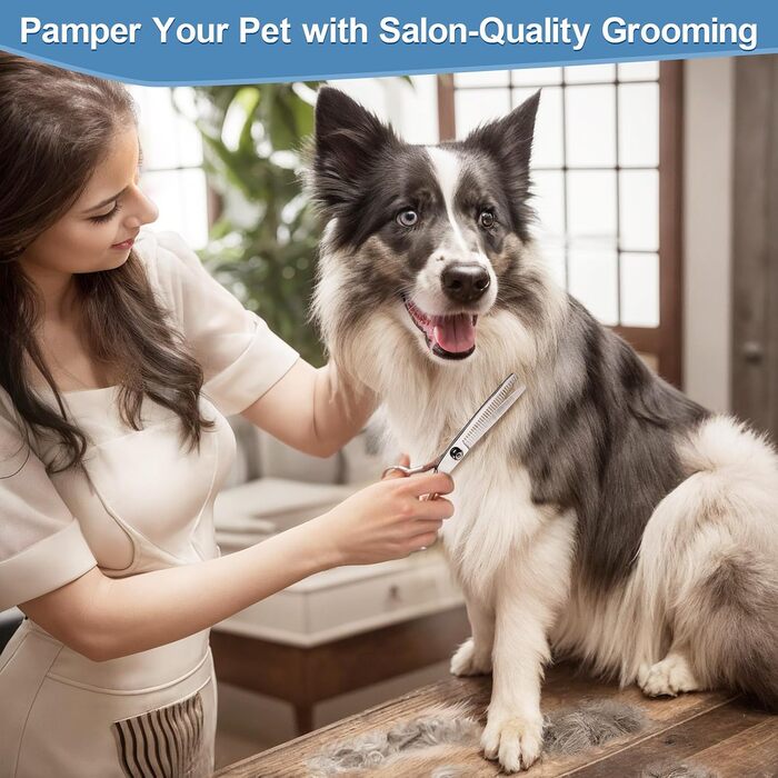 Професійна ножиця для собак 5-в-1 Gimars: 4CR сталь, безпечна закруглена накінечник, титанове покриття, пряма, філірувальна та вигнута (Блакитний)