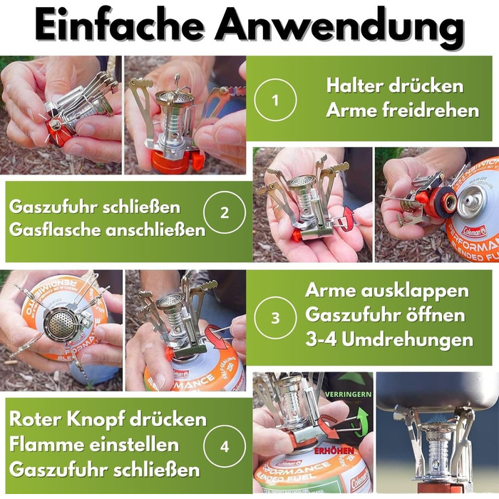 Набір кухонного посуду для кемпінгу Coemo 7 предметів з пальником - набір для приготування їжі на відкритому повітрі з каструлею, сковородою, столовим приладдям та чашкою, зелений M