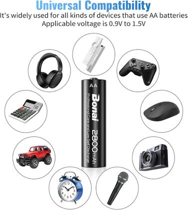 Зарядний пристрій BONAI для акумуляторів AA/AAA NI-MH з LED-дисплеєм та USB-зарядкою, 8 слотів