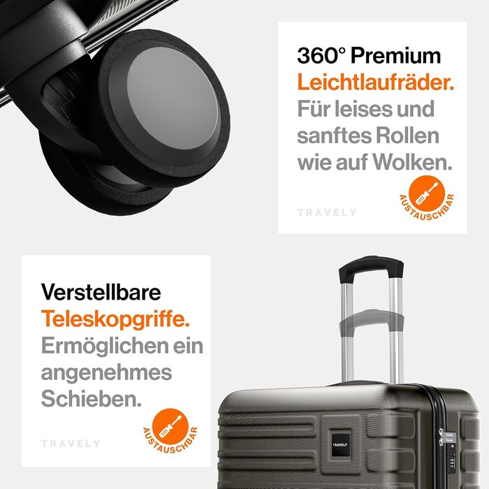 Набір валіз Travely з полікарбонату: 77см, 67см, ручна поклажа, TSA-замок, колір - місячний сірий