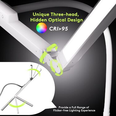 Стіл лампа з 3 джерелами світла, 24W, 100см, денне світло, з пультом керування, регульована яскравість, лампа для офісу та дому (Mattweiß)