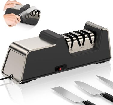 Professional electric knife sharpener with 100% diamond abrasive and precision angle guides. Suitable for double-bevel and serrated knives. Quickly achieves razor-sharp results.