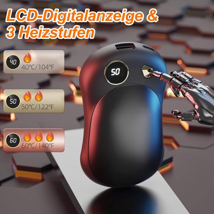 Електричні грілки для рук, 2 шт. 10000mAh з USB-C, цифровим дисплеєм, 3 режими нагріву, багаторазові для зими, подорожей та активного відпочинку