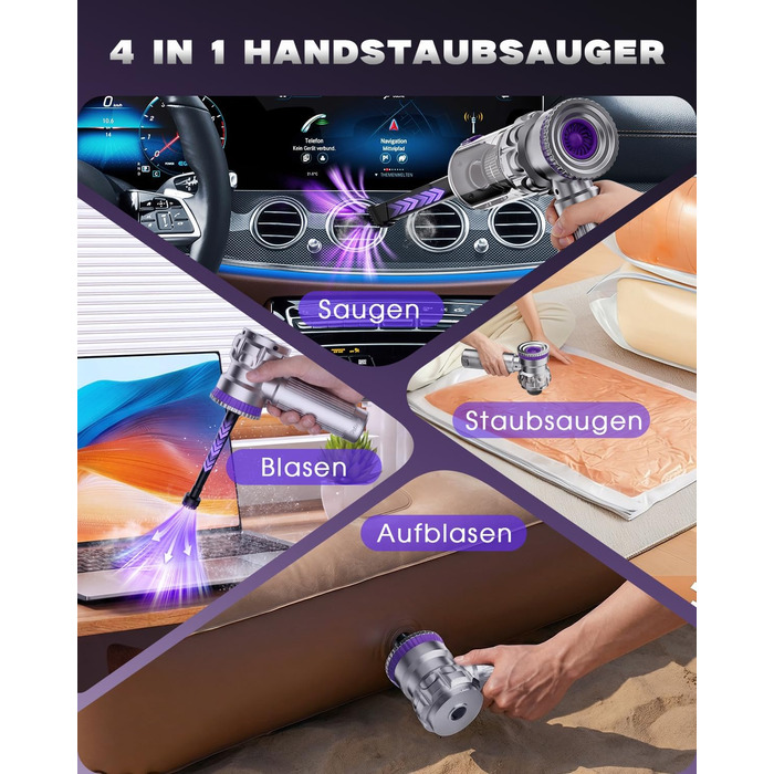 Акумуляторний автомобільний пилосос Handstaubsauger 28000PA безщітковий, 4-в-1, з великим контейнером для сміття, сріблясто-фіолетовий