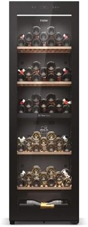 Haier 34 Bottle Wine Refrigerator - 2 Zone Wine Cooler with UV Glass Door, Wooden Shelves, Wi-Fi & Touch Display, Vibration-Free Storage