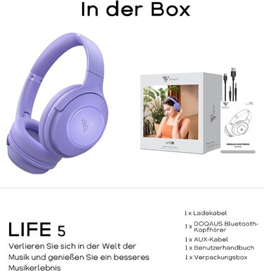 Бездротові навушники DOQAUS Bluetooth з довгим терміном служби (70 годин), Over-Ear, Bluetooth 5.4, з кабелем, 3 режими EQ, Hi-Fi стерео для подорожей/телефону/ПК (фіолетові)