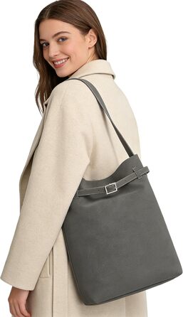 Сумка жіноча Miss Lulu велика шопер Tote Bag з м'якої PU шкіри середнього розміру, сіра (2-2)