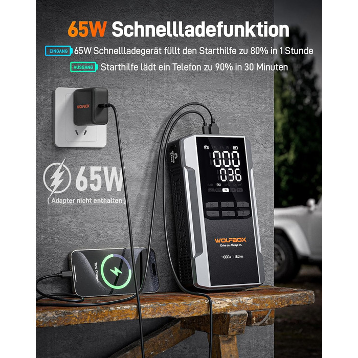 WOLFBOX 4000A: Портативний пусковий пристрій з компресором 160PSI, 12V, 65W, 88.8Wh для бензинових/дизельних двигунів, LED-ліхтар, кабелі для підключення