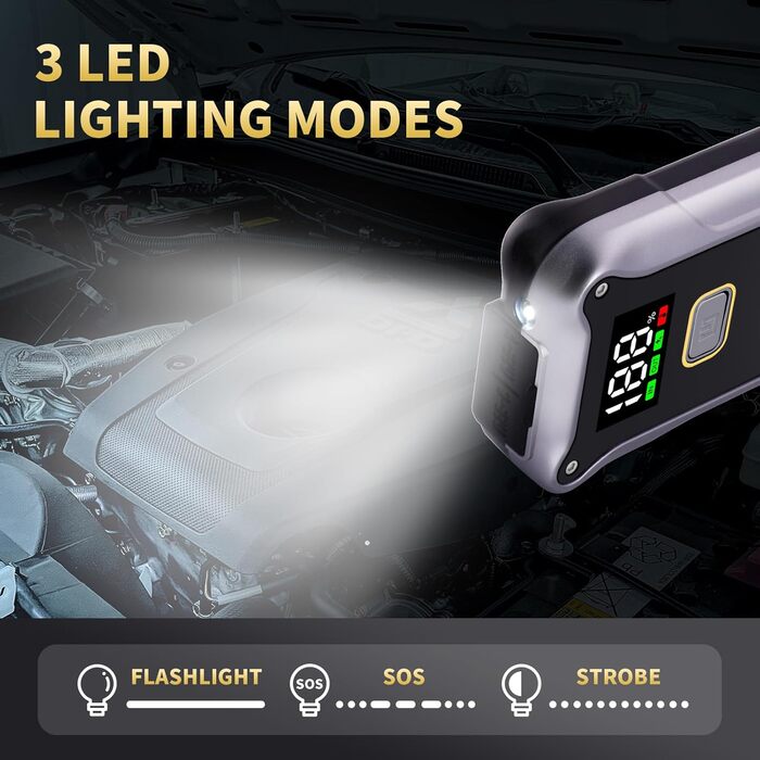 Powerbank Starthilfe 4000A: Портативний пусковий пристрій для авто 12V з LCD дисплеєм та LED ліхтариком. Запускає бензинові двигуни до 9.0L та дизельні до 7.5L. Підходить для SUV, мотоциклів, газонокосарок.