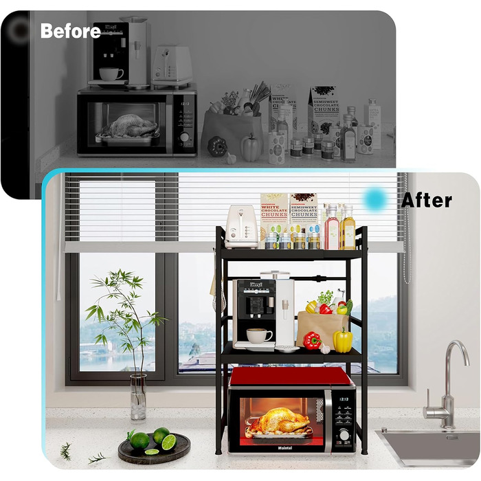 Регульована підставка для мікрохвильової печі, 2-рівнева розширювана, з вуглецевої сталі, з 8 гачками, органайзер для кухні (1 шт, чорний)