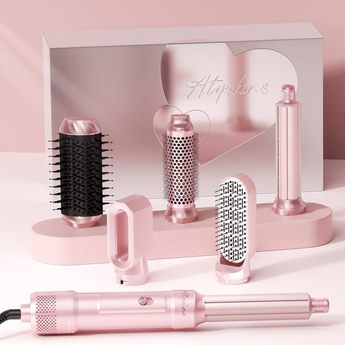 Набір для укладки волосся Atopskins 6 в 1: фен-щітка, локони, термощітка, 1000W, рожевий