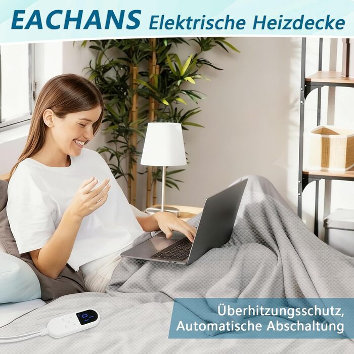 Електрична ковдра Eachans 180x150 см з автовимкненням, 9 режимів нагріву та таймером 1-12 годин, пральна фланелева Sherpa ковдра для ліжка та дивану, підігріваюча ковдра, плед 180*150 см