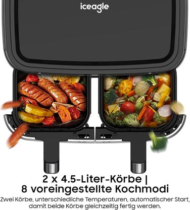 Iceagle Dual Zone Air Fryer Double Chamber 9L - XXL Air Fryer with 8 Programs | Airfryer with 2 Baskets, Oil-Free Fryer, Preheating & Keep Warm, 2600W