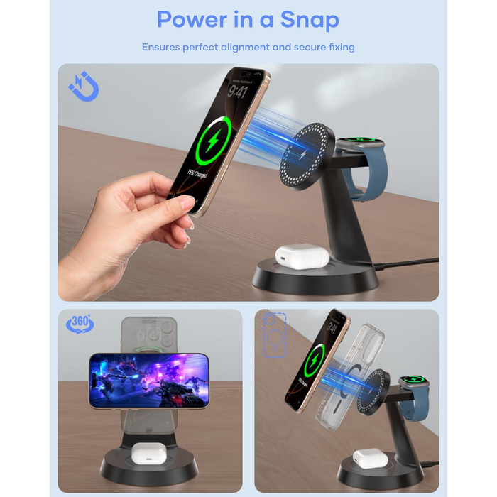 3-в-1 Індукційна Зарядка для iPhone, AirPods та Apple Watch (15W, чорний)