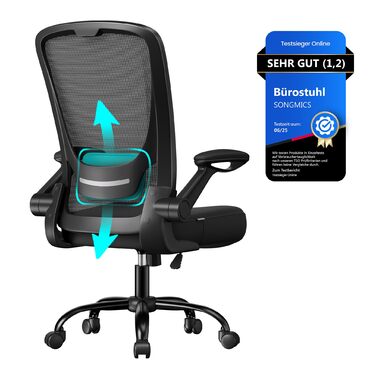 Офісне крісло SONGMICS з ергономічною спинкою з сітки, підтримкою попереку та підголівником, функцією гойдання, сидіння 53 см, відкидні підлокітники, для офісу та спальні, для студентів, чорне