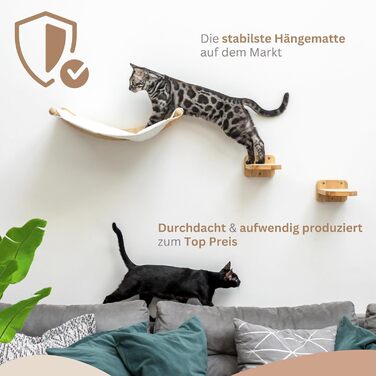 AZANO® Cat Wall | XL Cat Hammock [Extra Stable and Large] with Cat Ladder for the Wall | Cat Ladder with Sleeping Place | Climbing Cat Bed Made of Natural Wood | 3-Piece (with Steps)