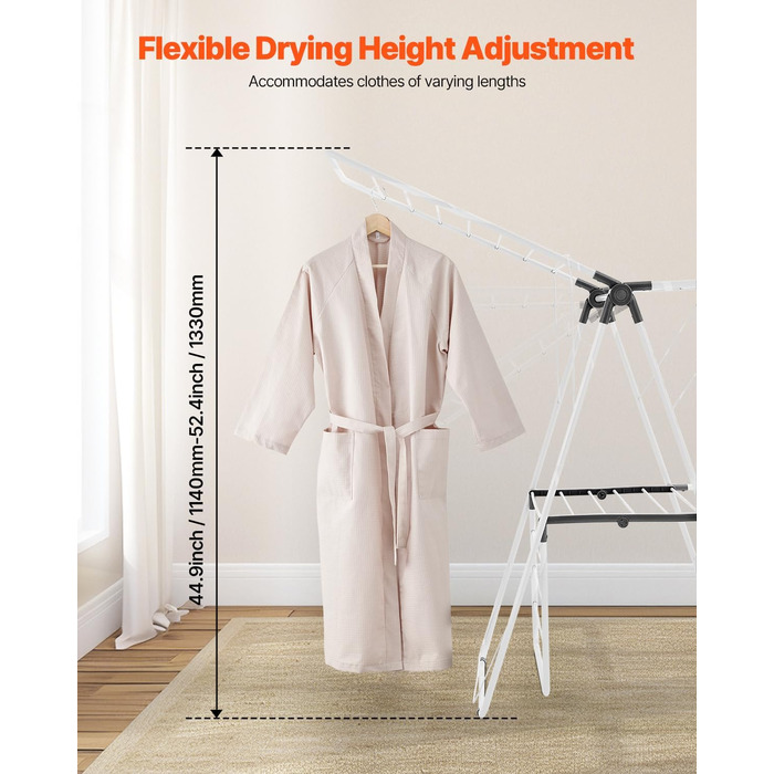 Сушарка для білизни VEVOR 2-ярусна розкладна з прищіпками та 31 вішалкою, регульована по висоті, металева, для ванної, балкону, 1470 x 600 x 1000 мм