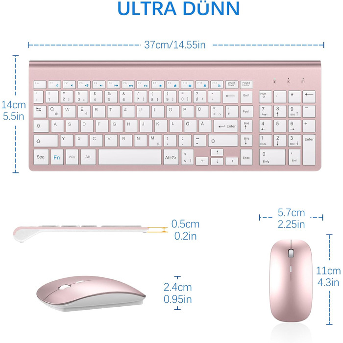 Комплект клавіатури та миші TopMate 2.4G Ultra Slim: тиха клавіатура з перемикачами Schissschalter та миша 2400DPI USB, з чохлом та батарейками AA/AAA, для ПК/ноутбука/Windows/Mac (Рожеве золото, Білий)