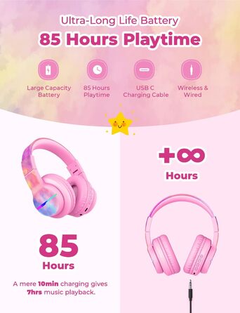 iClever Бездротові навушники для дітей з LED-підсвіткою, Over-Ear, Bluetooth 5.2, мікрофон, BTH12 (Tie-dye рожевий)